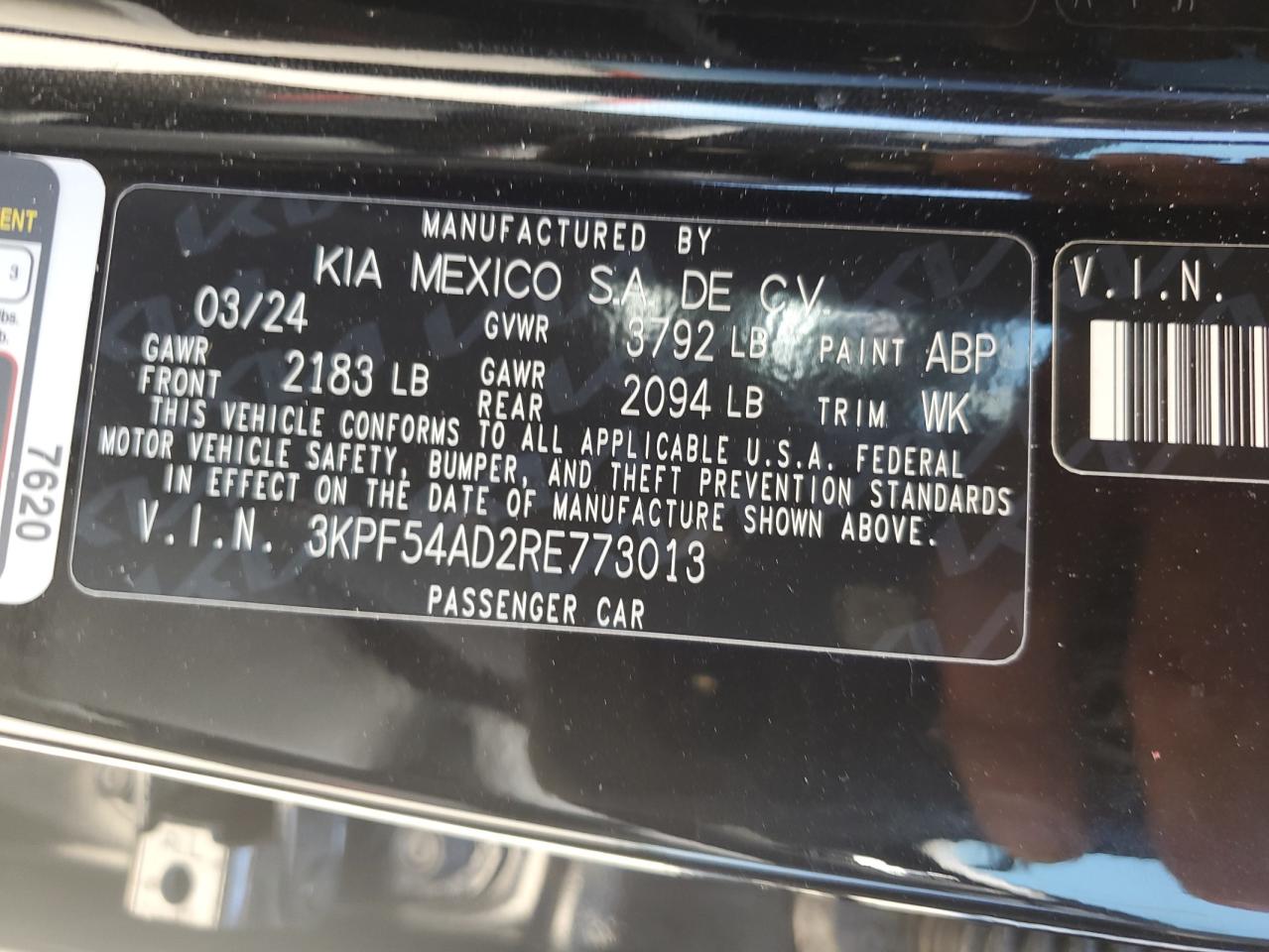 2024 KIA FORTE GT LINE VIN:3KPF54AD2RE773013