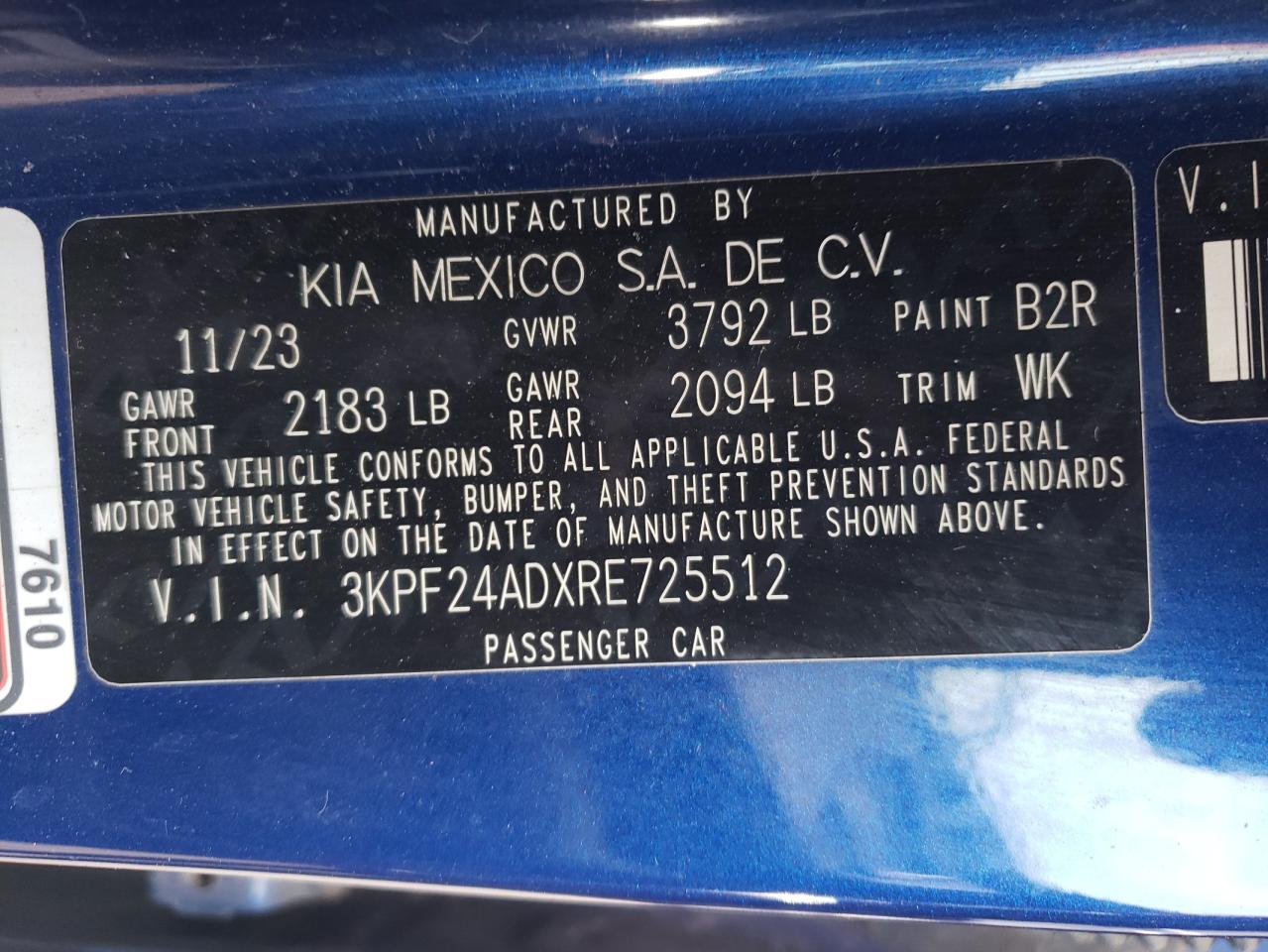 2024 KIA FORTE LX VIN:3KPF24ADXRE725512
