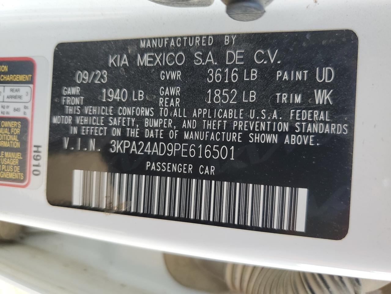 2023 KIA RIO LX VIN:3KPA24AD9PE616501