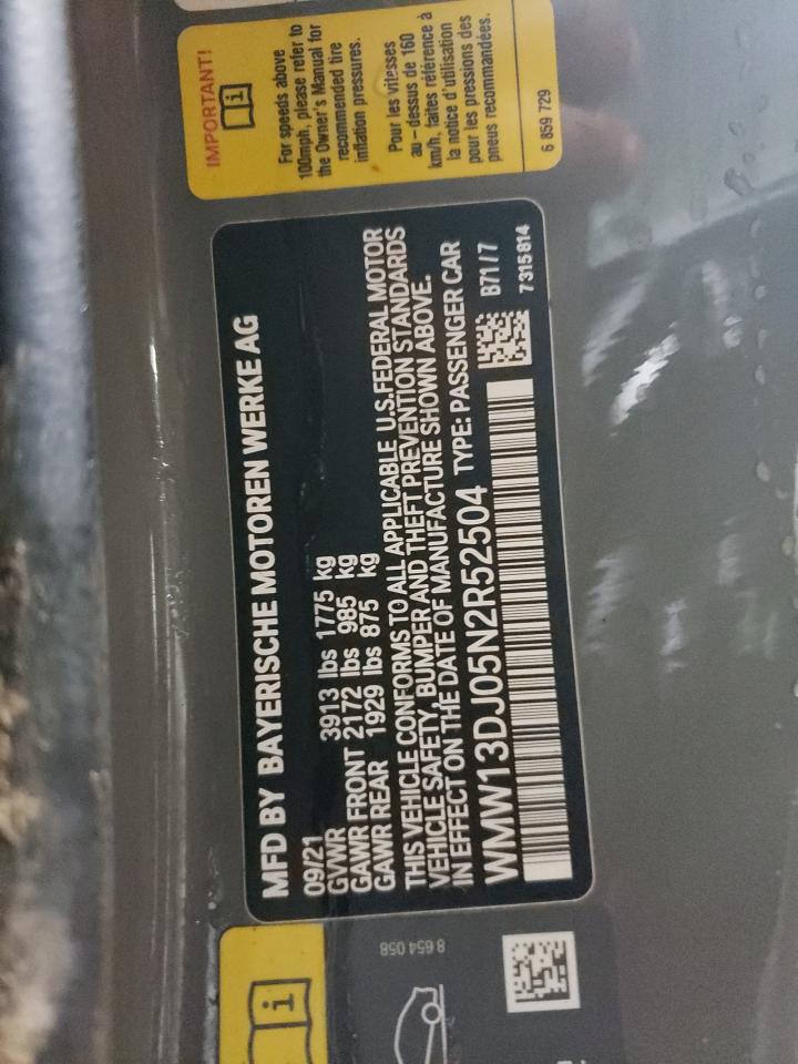 2022 MINI COOPER SE VIN:WMW13DJ05N2R52504