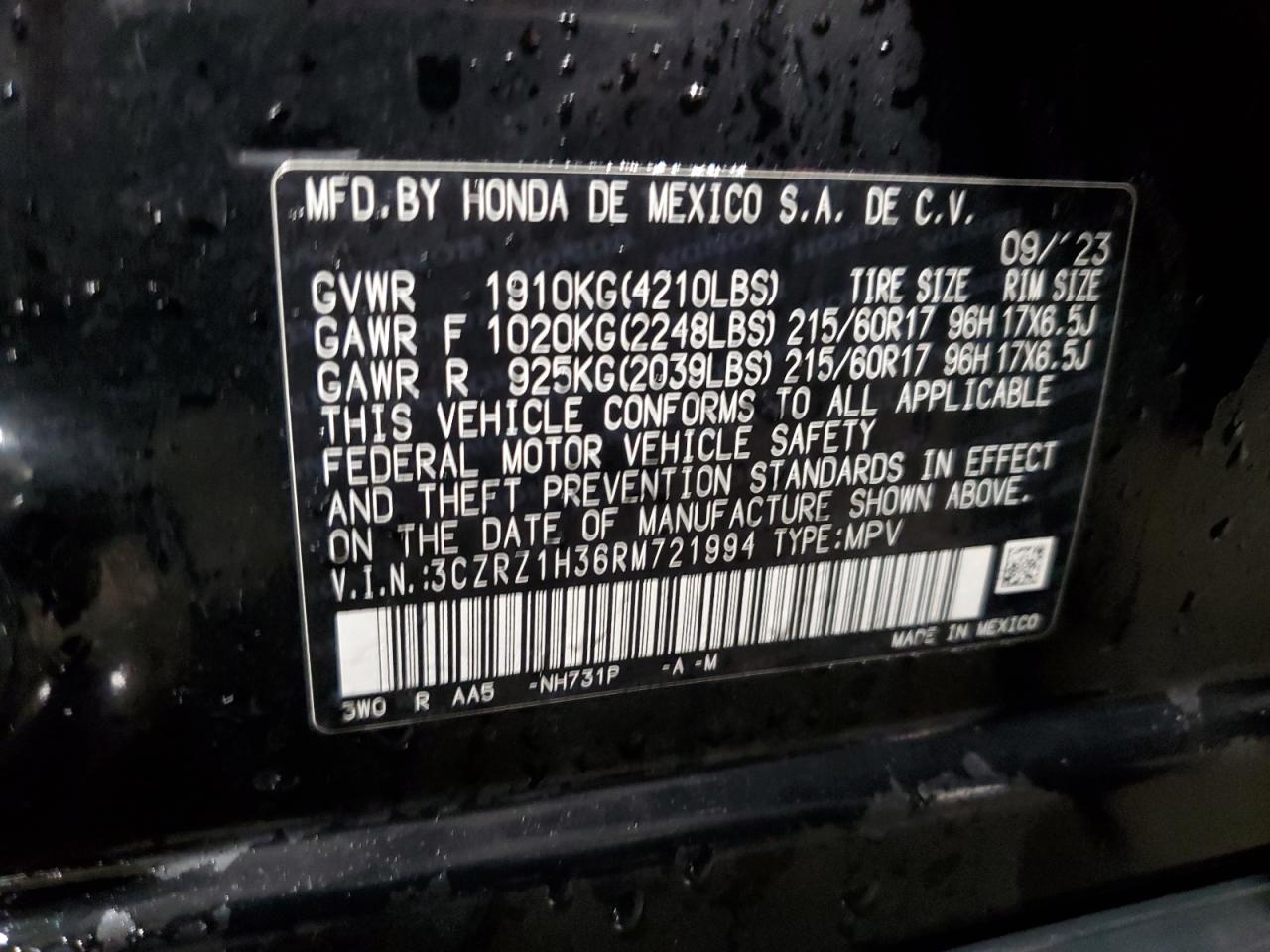 2024 HONDA HR-V LX VIN:3CZRZ1H36RM721994