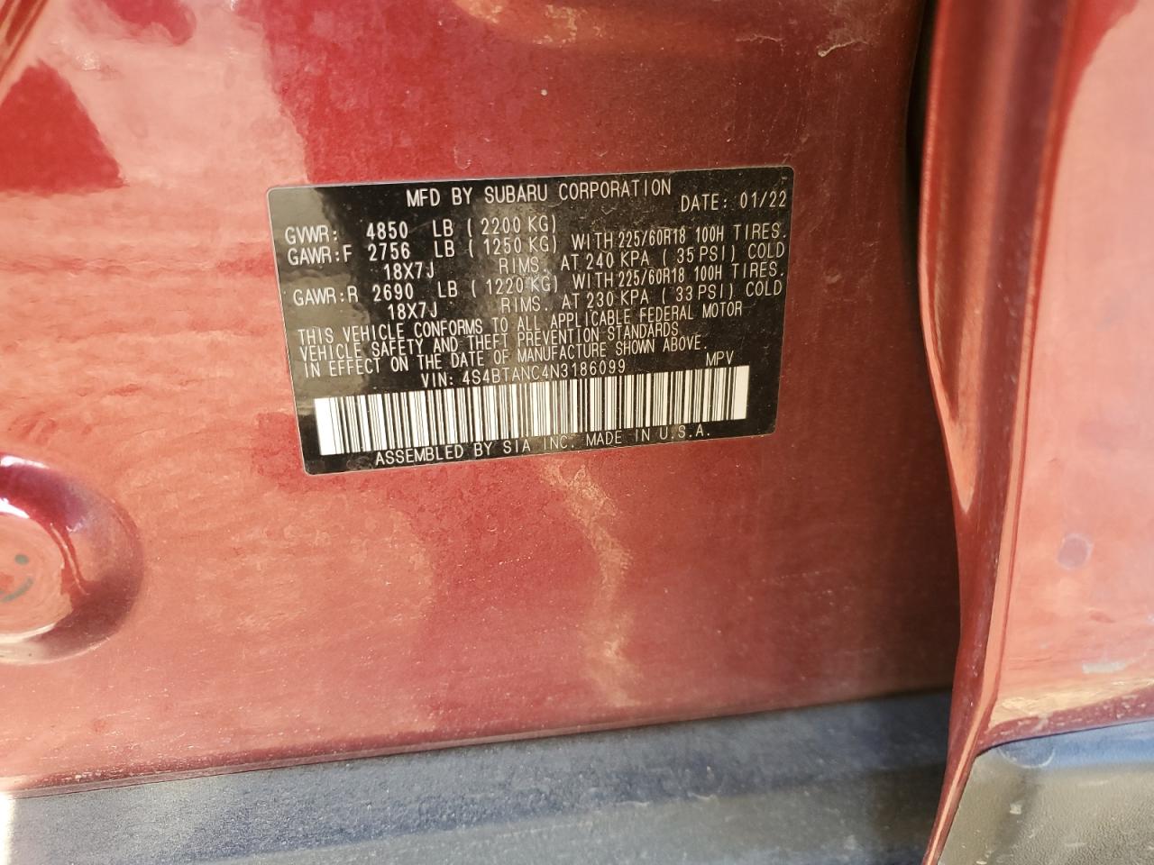 2022 SUBARU OUTBACK LIMITED VIN:4S4BTANC4N3186099