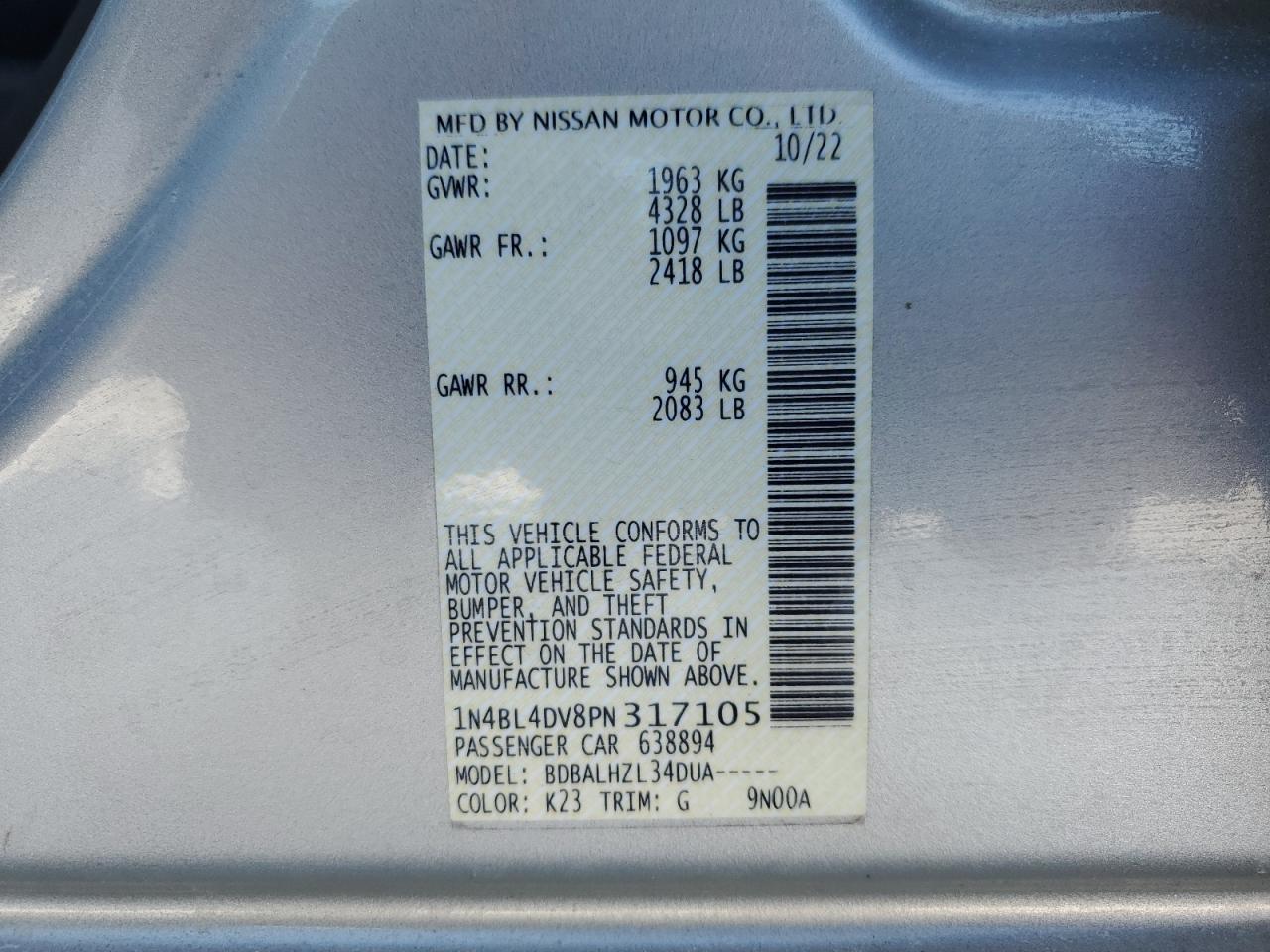 2023 NISSAN ALTIMA SV VIN:1N4BL4DV8PN317105
