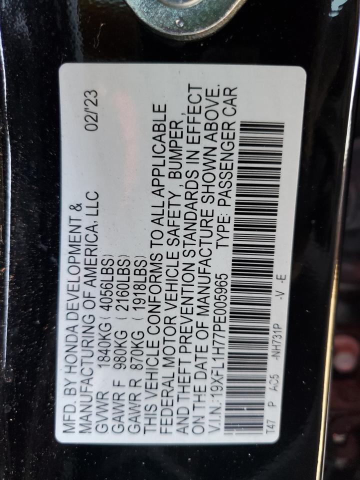 2023 HONDA CIVIC EXL VIN:19XFL1H77PE005965
