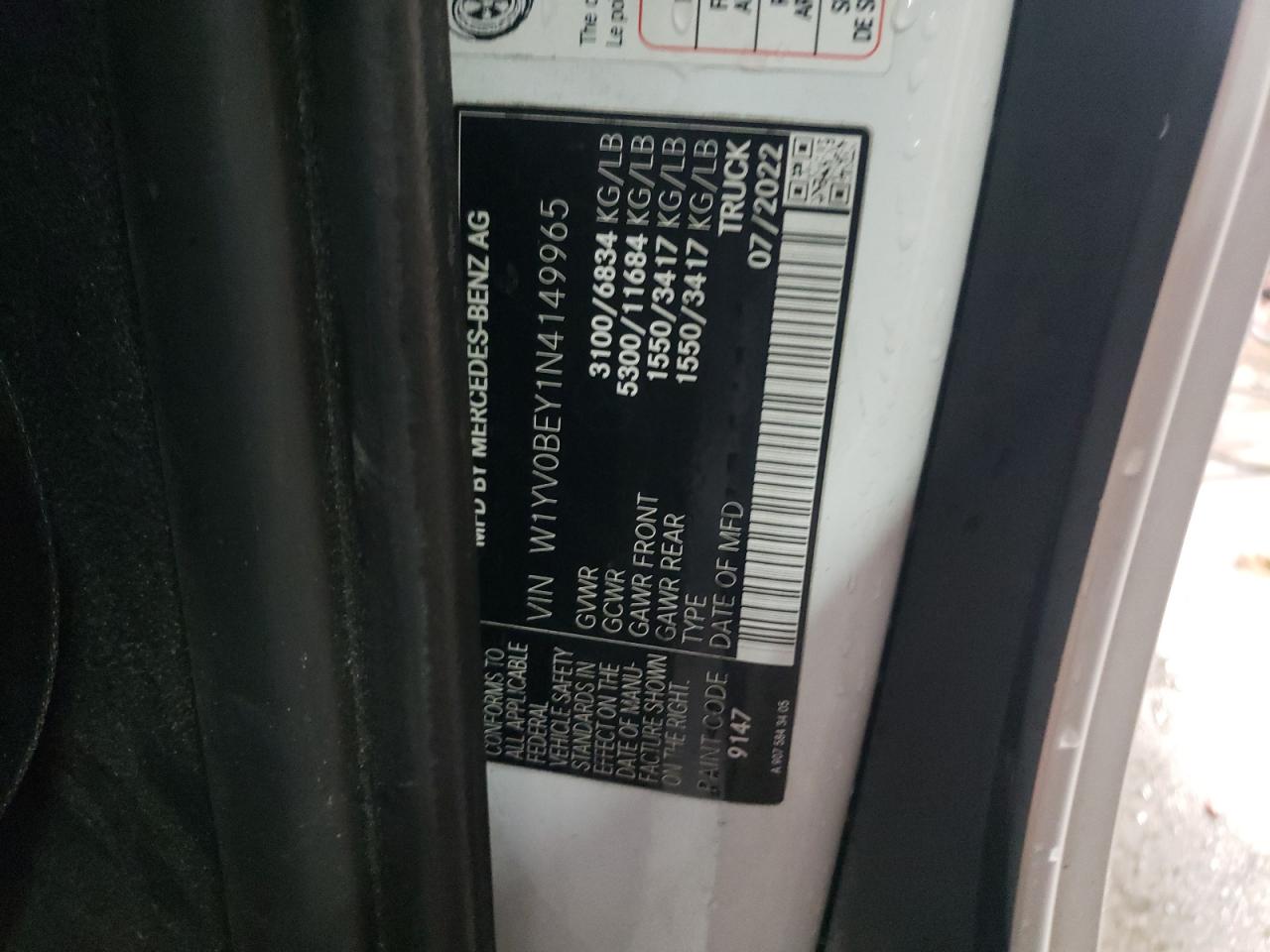 2022 MERCEDES-BENZ METRIS  VIN:W1YV0BEY1N4149965