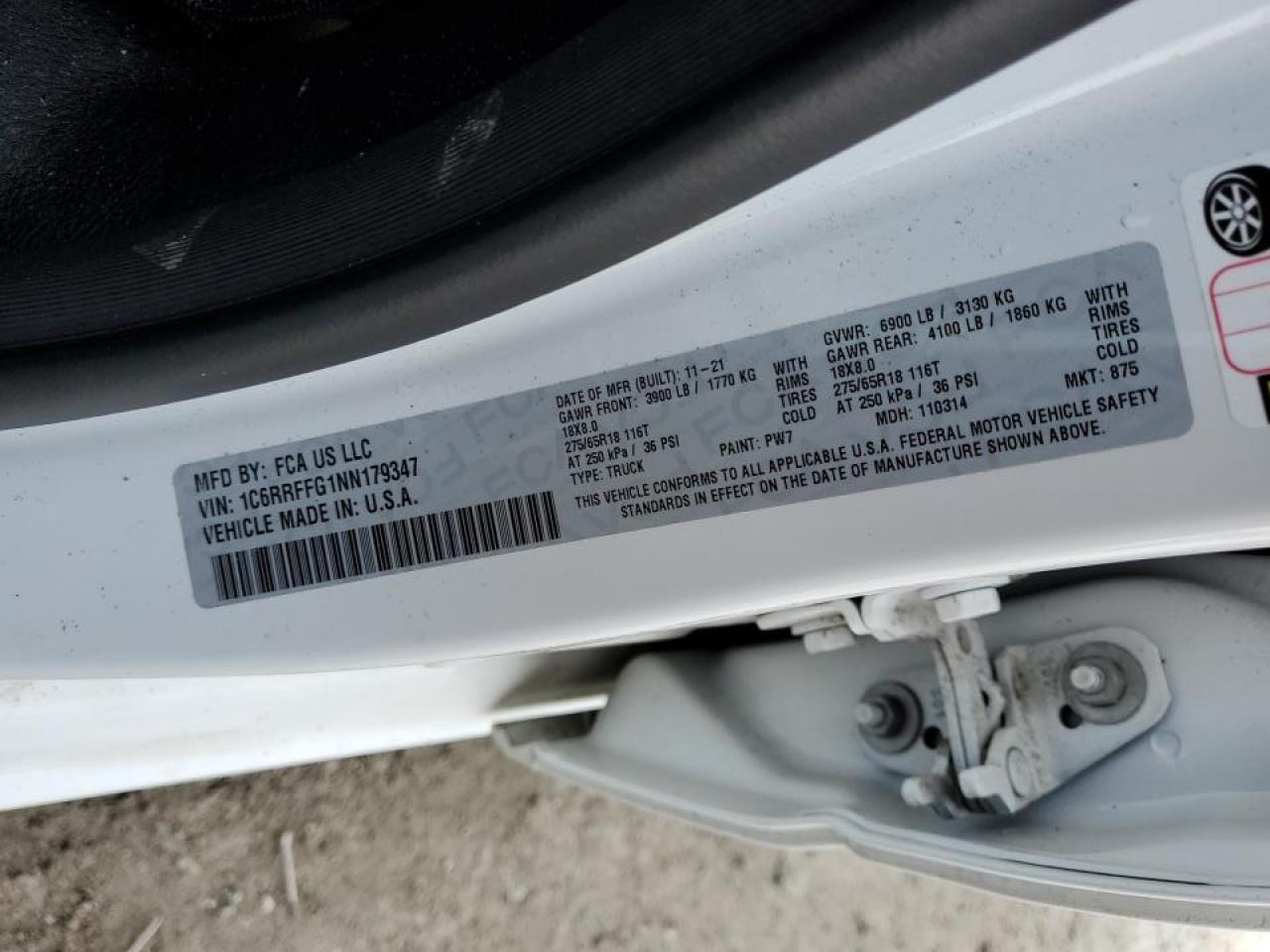 2022 RAM 1500 BIG HORN/LONE STAR VIN:1C6RRFFG1NN179347