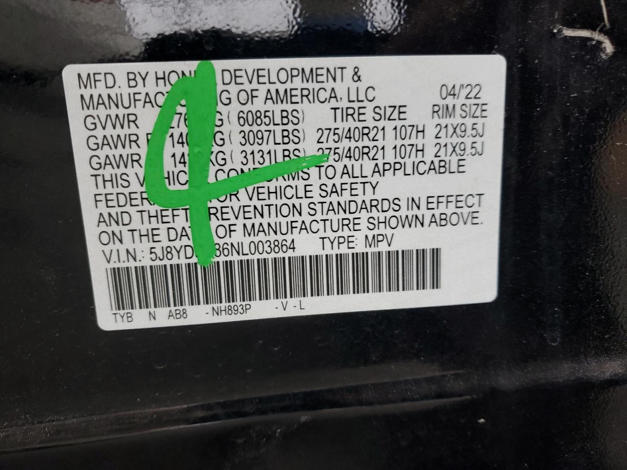 2022 ACURA MDX TYPE S ADVANCE VIN:5J8YD8H86NL003864