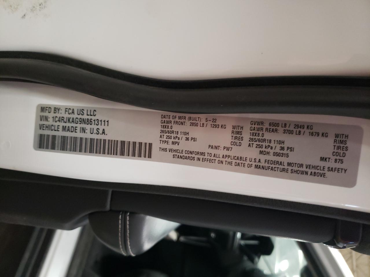 2022 JEEP GRAND CHEROKEE L LAREDO VIN:1C4RJKAG9N8613111