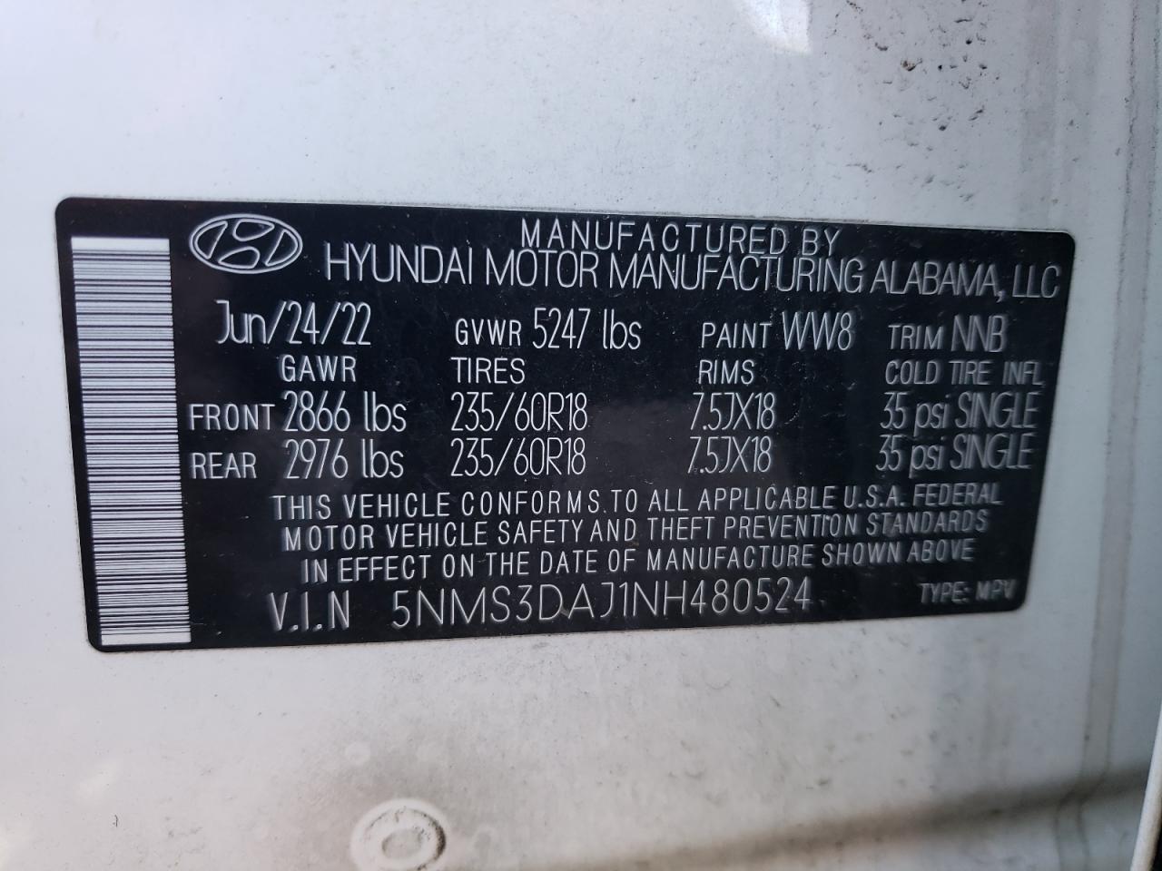 2022 HYUNDAI SANTA FE SEL VIN:5NMS3DAJ1NH480524