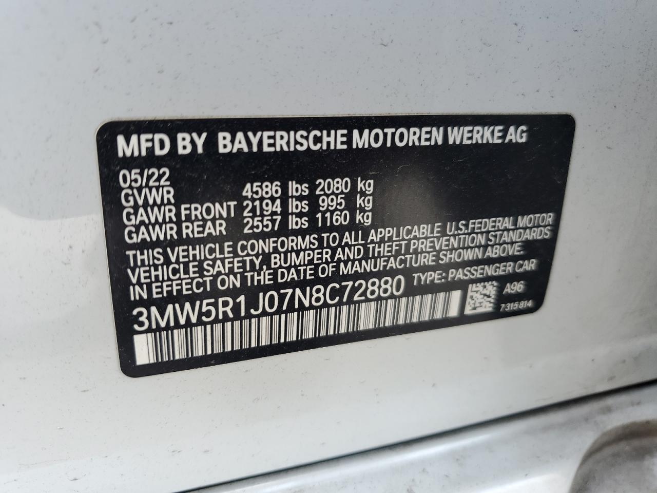 2022 BMW 330I  VIN:3MW5R1J07N8C72880