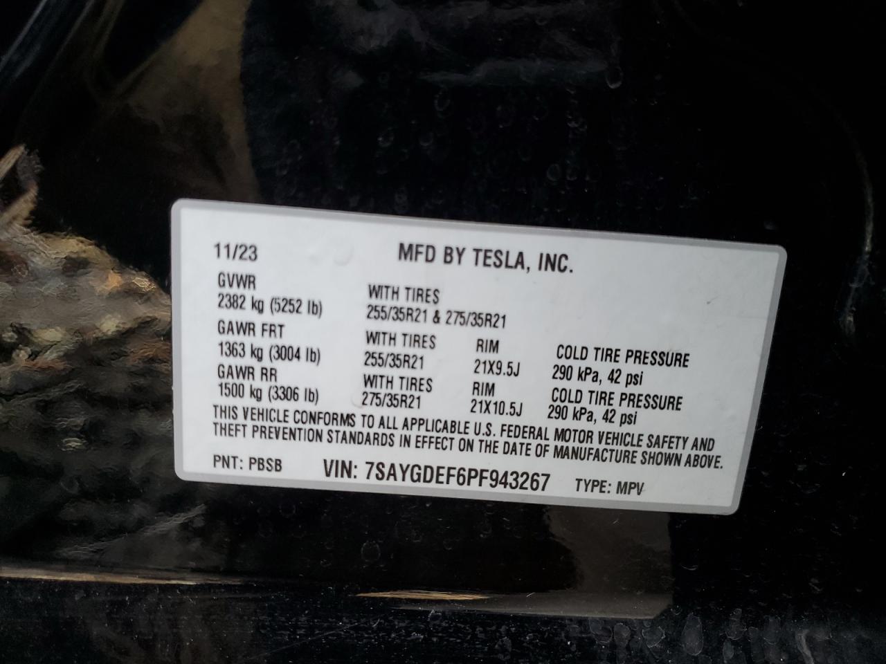 2023 TESLA MODEL Y  VIN:7SAYGDEF6PF943267