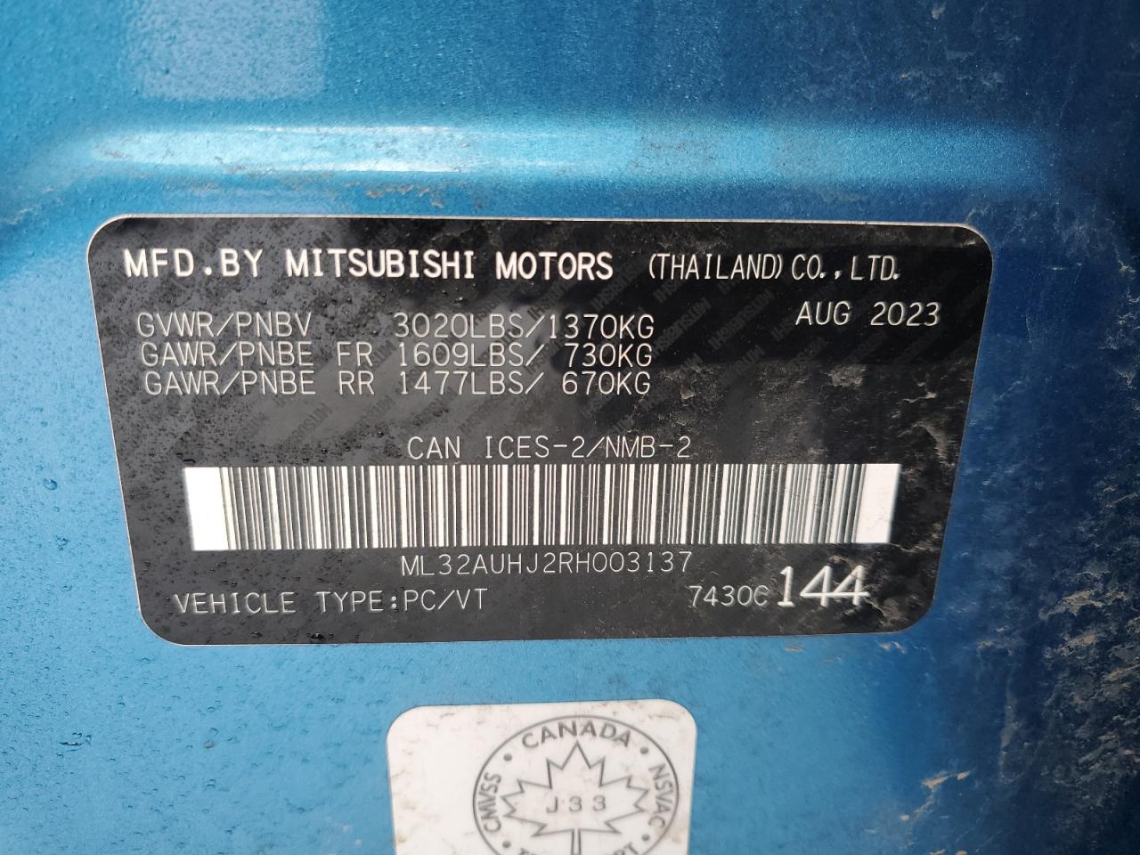 2024 MITSUBISHI MIRAGE ES VIN:WP0AA2A8XNS255297