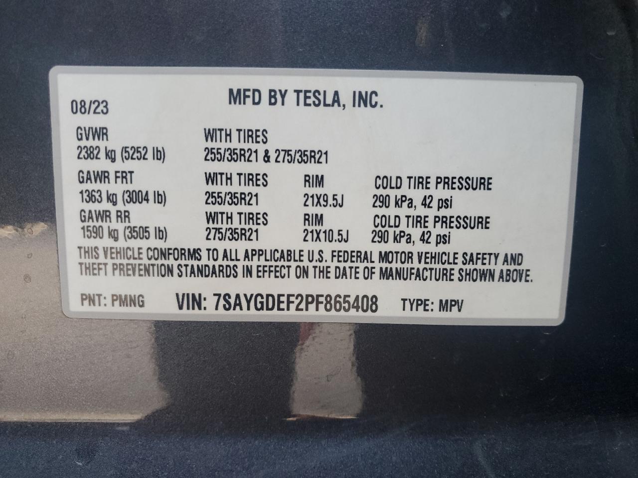 2023 TESLA MODEL Y  VIN:7SAYGDEF2PF865408