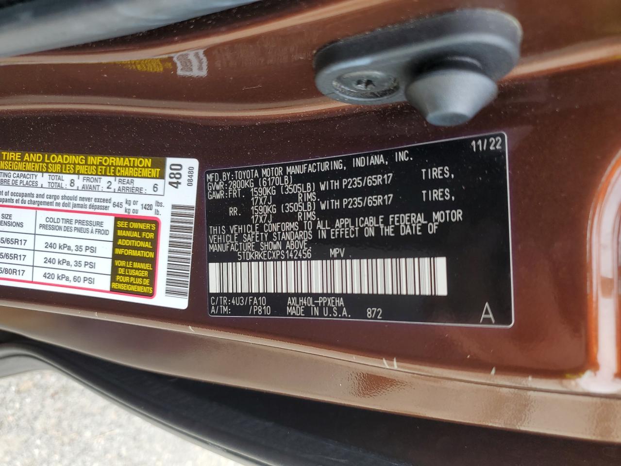 2023 TOYOTA SIENNA LE VIN:5TDKRKECXPS142456