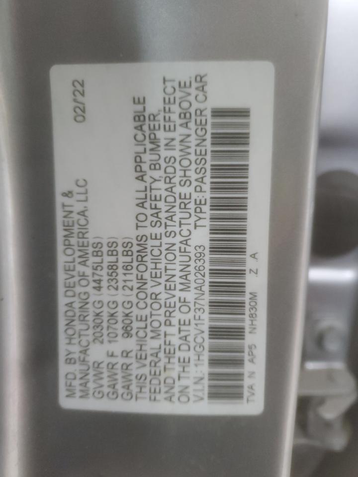 2022 HONDA ACCORD SPORT VIN:1HGCV1F37NA026393