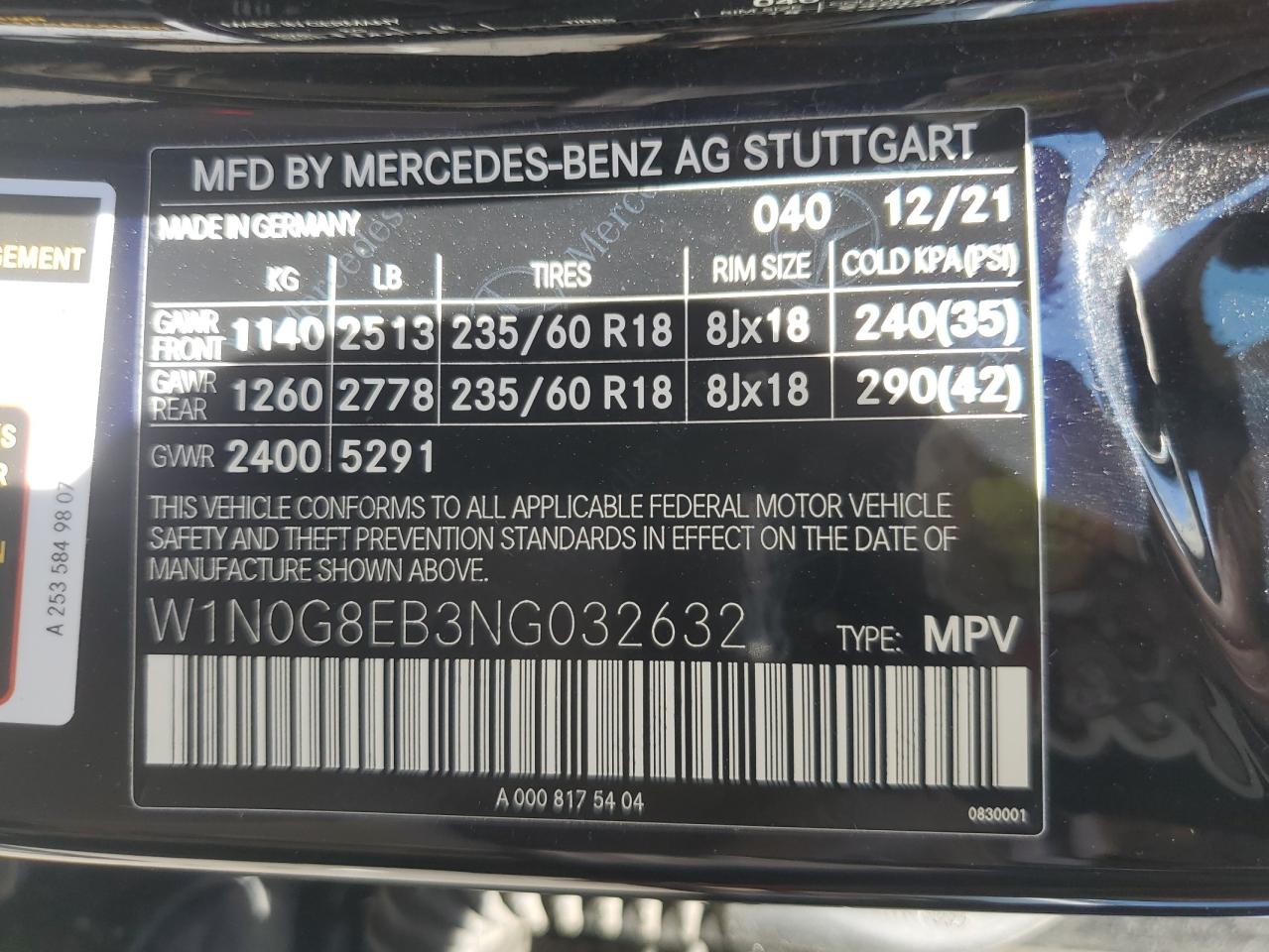 2022 MERCEDES-BENZ GLC 300 4MATIC VIN:W1N0G8EB3NG032632