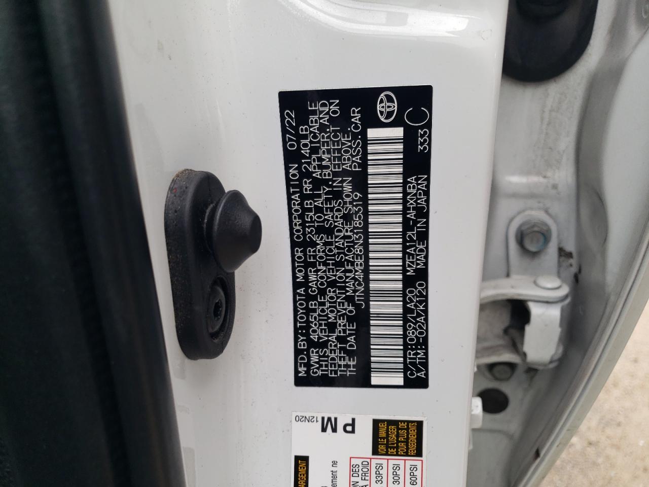 2022 TOYOTA COROLLA XSE VIN:JTNC4MBE8N3185319