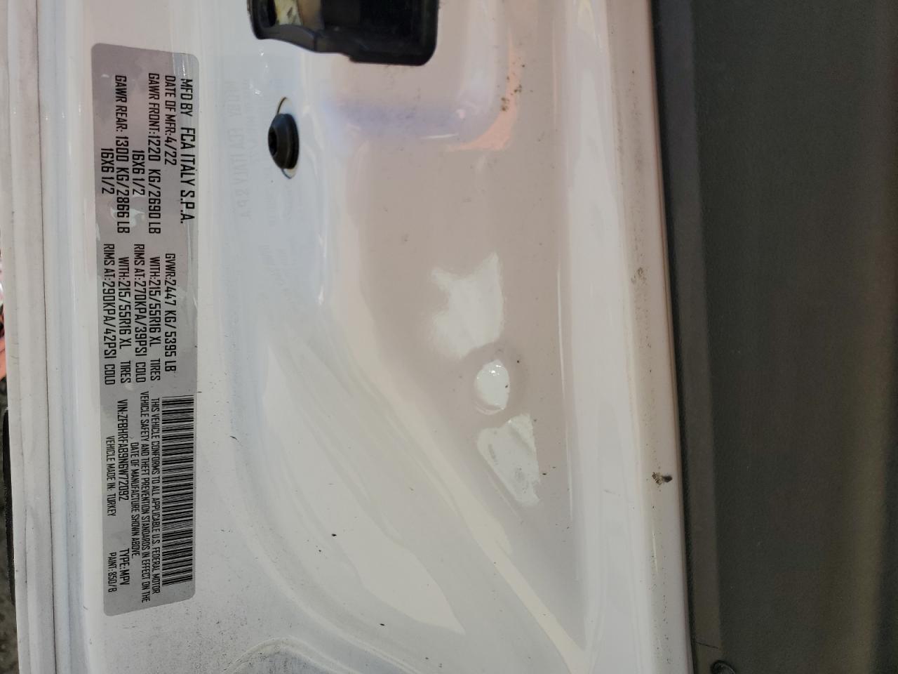 2022 RAM PROMASTER CITY TRADESMAN VIN:ZFBHRFAB9N6W72092