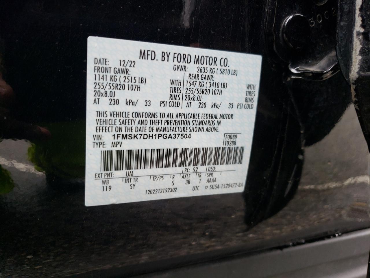 2023 FORD EXPLORER XLT VIN:1FMSK7DH1PGA37504