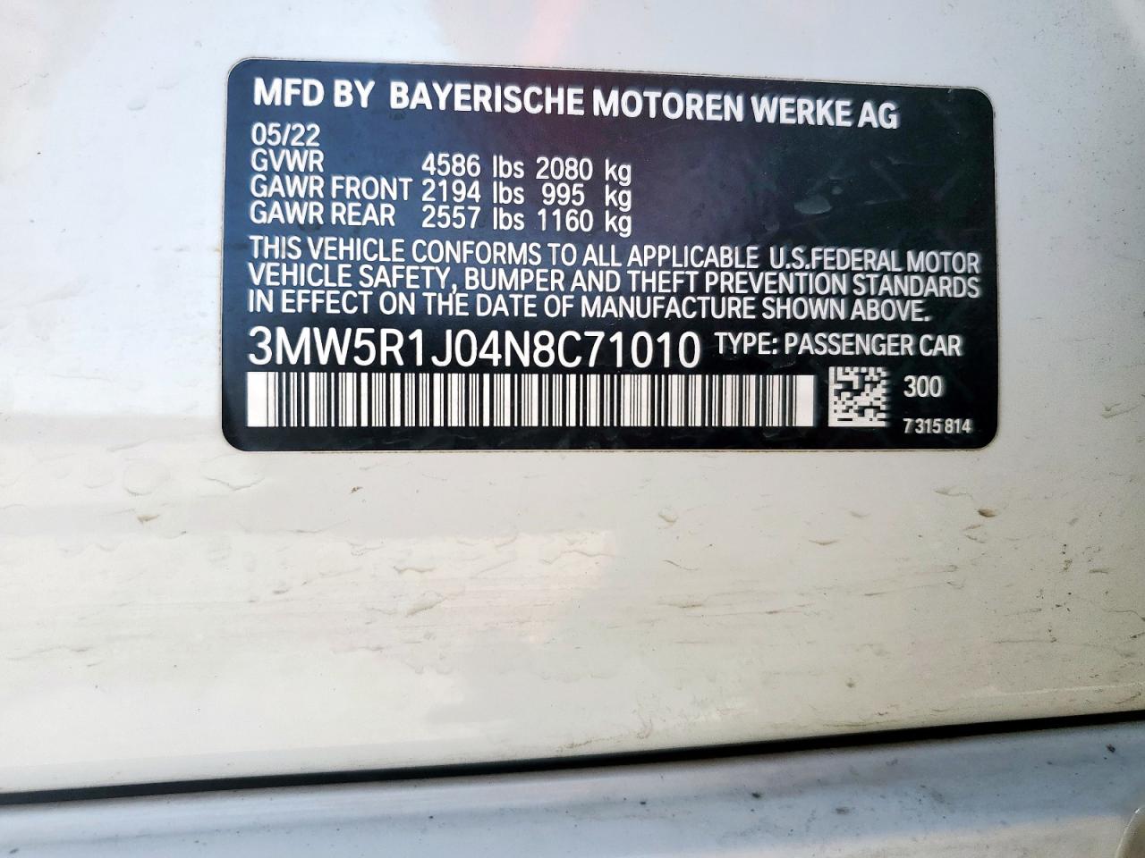 2022 BMW 330I  VIN:3MW5R1J04N8C71010