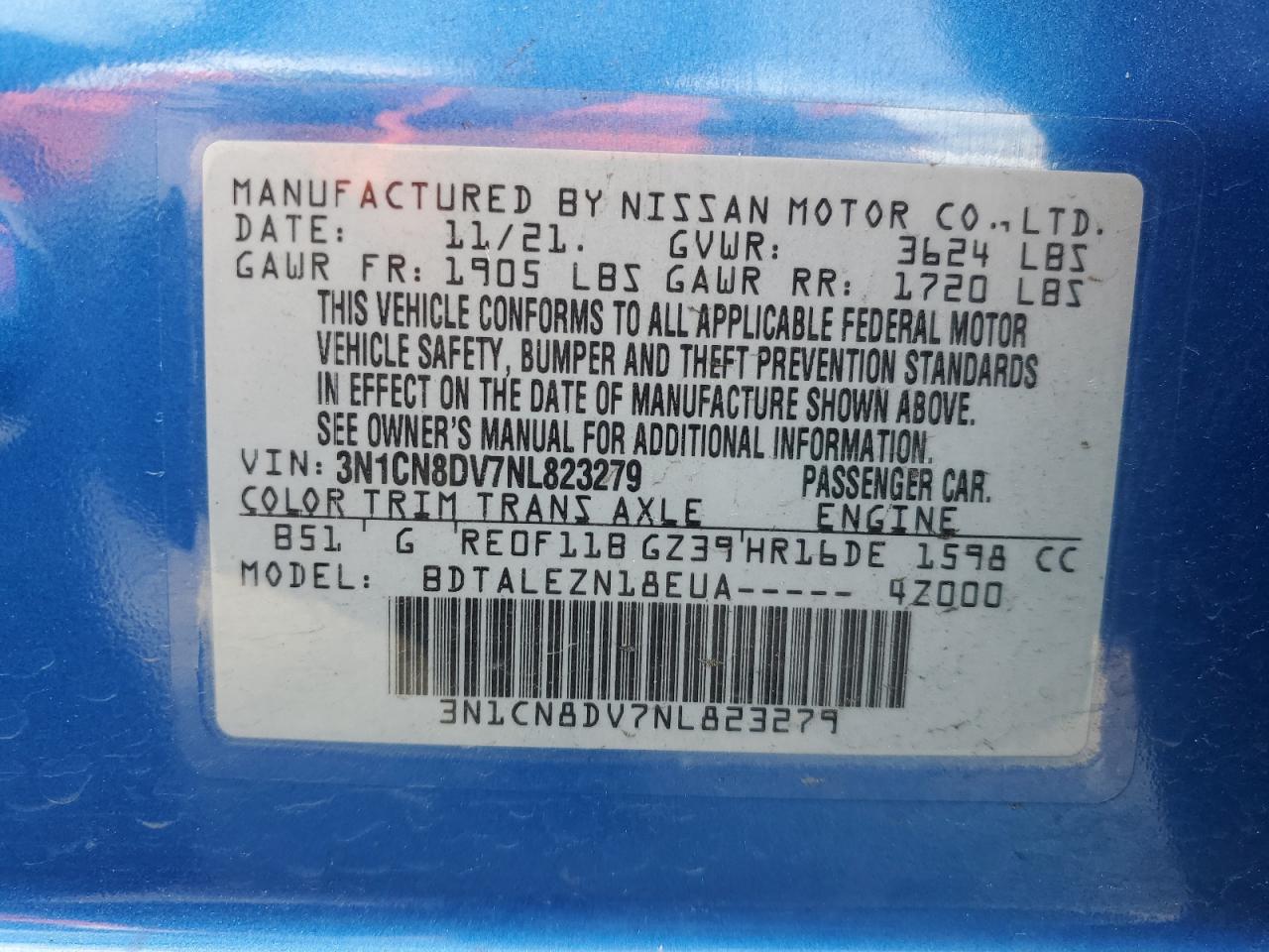 2022 NISSAN VERSA S VIN:3N1CN8DV7NL823279