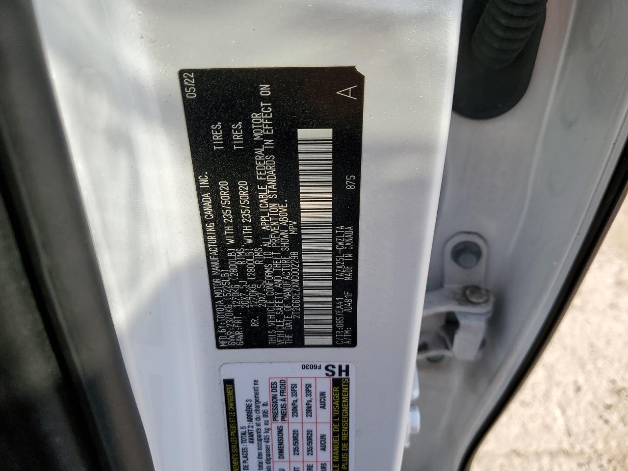 2022 LEXUS NX 350 VIN:2T2GGCEZXNC002298