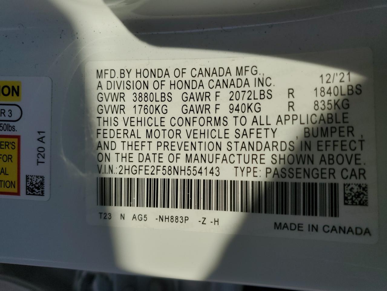 2022 HONDA CIVIC SPORT VIN:2HGFE2F58NH554143