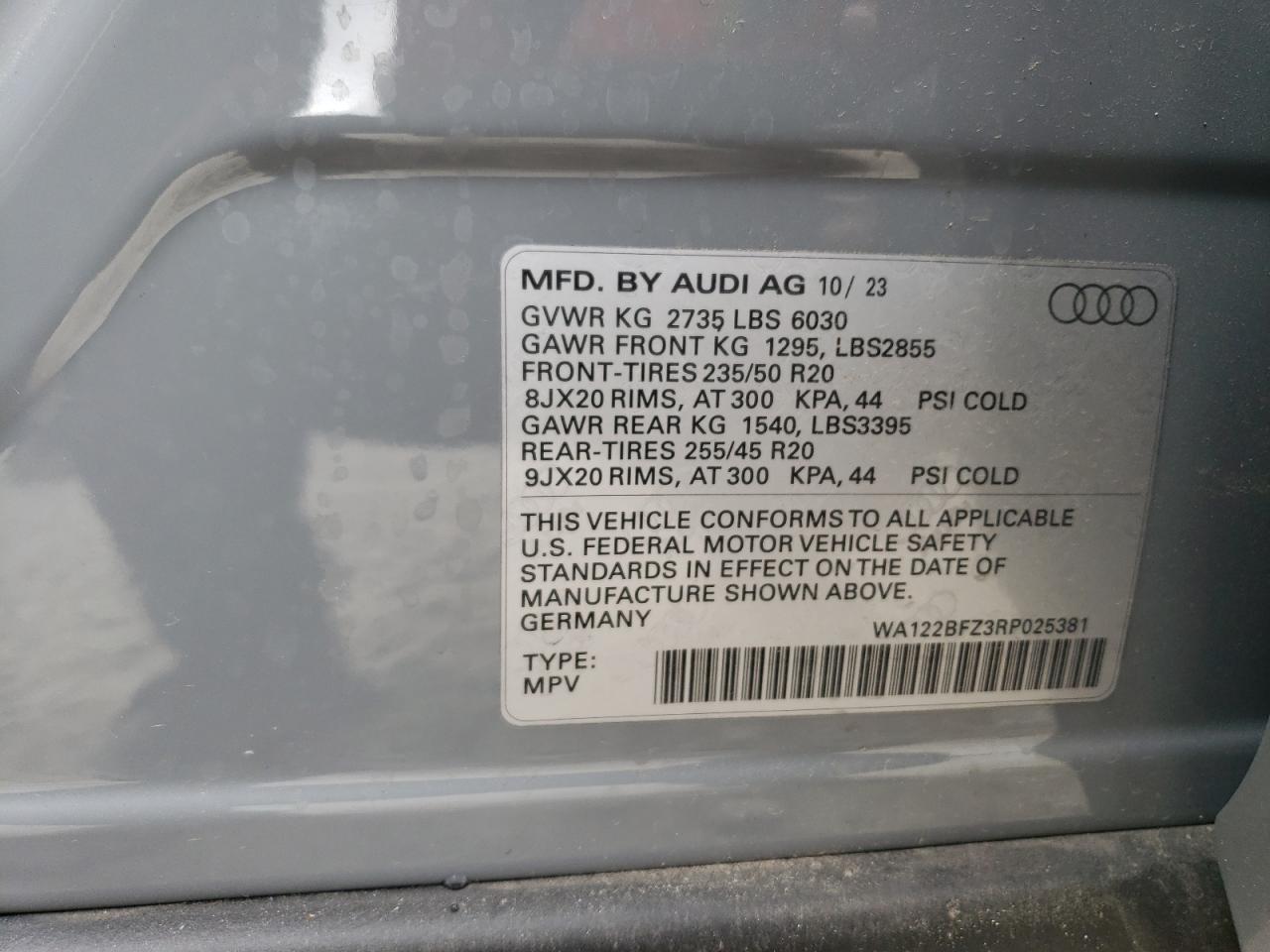 2024 AUDI Q4 E-TRON SPORTBACK PREMIUM VIN:WA122BFZ3RP025381