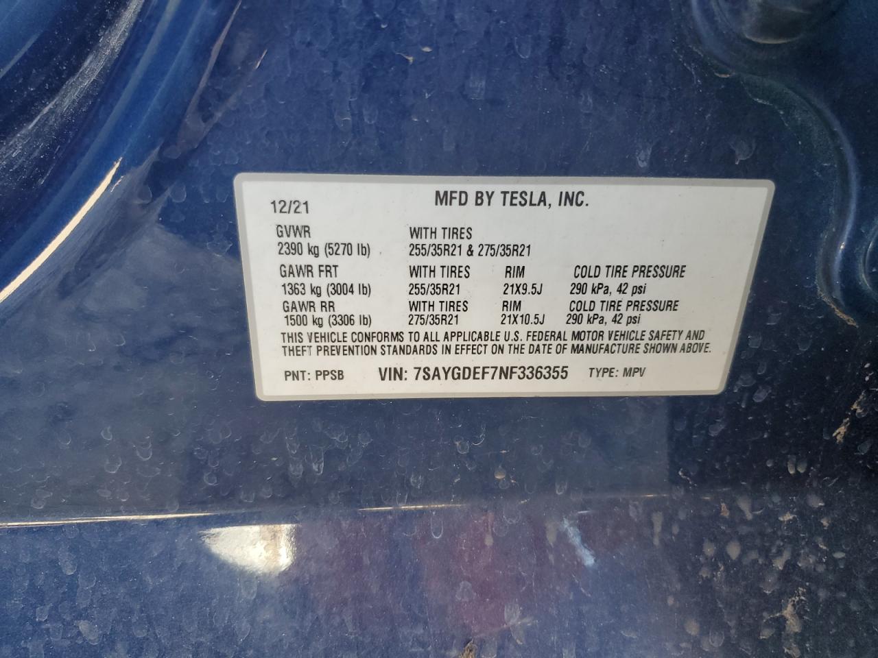 2022 TESLA MODEL Y  VIN:7SAYGDEF7NF336355
