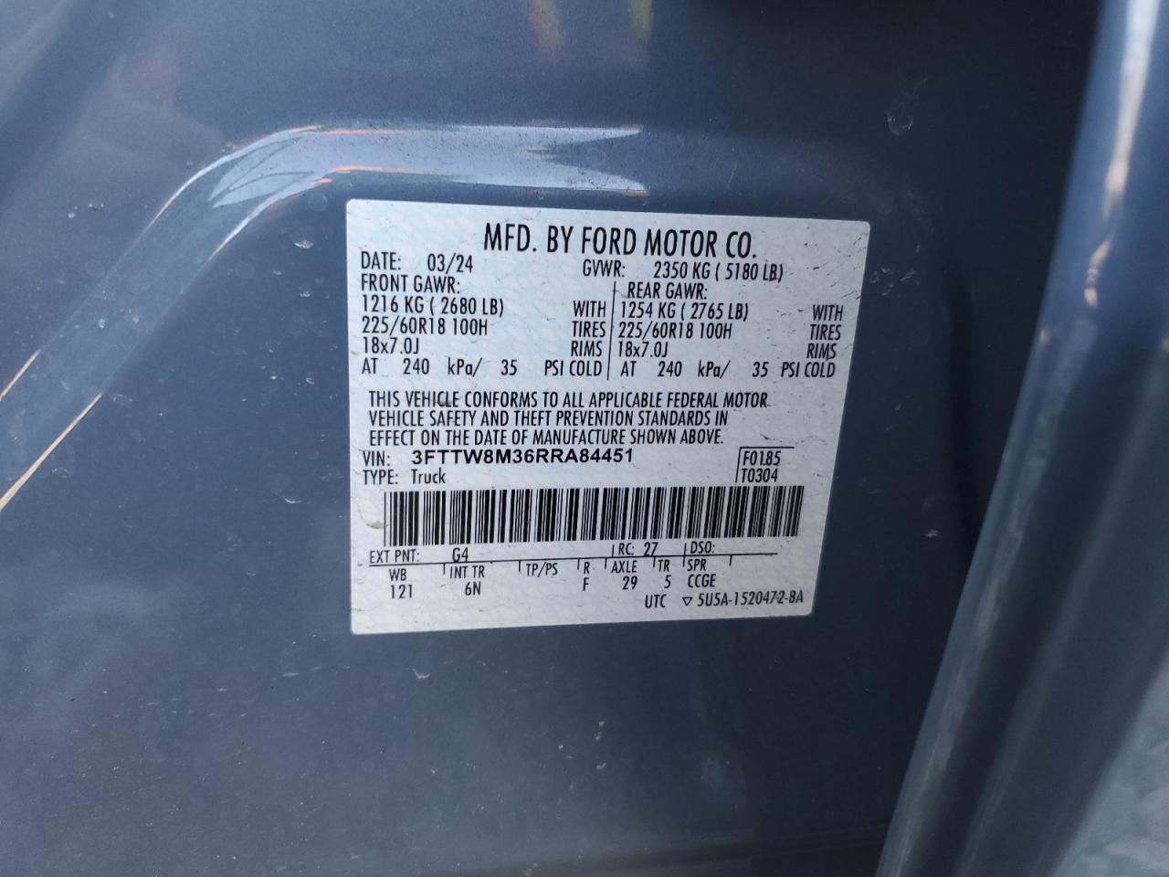 2024 FORD MAVERICK LARIAT VIN:3FTTW8M36RRA84451