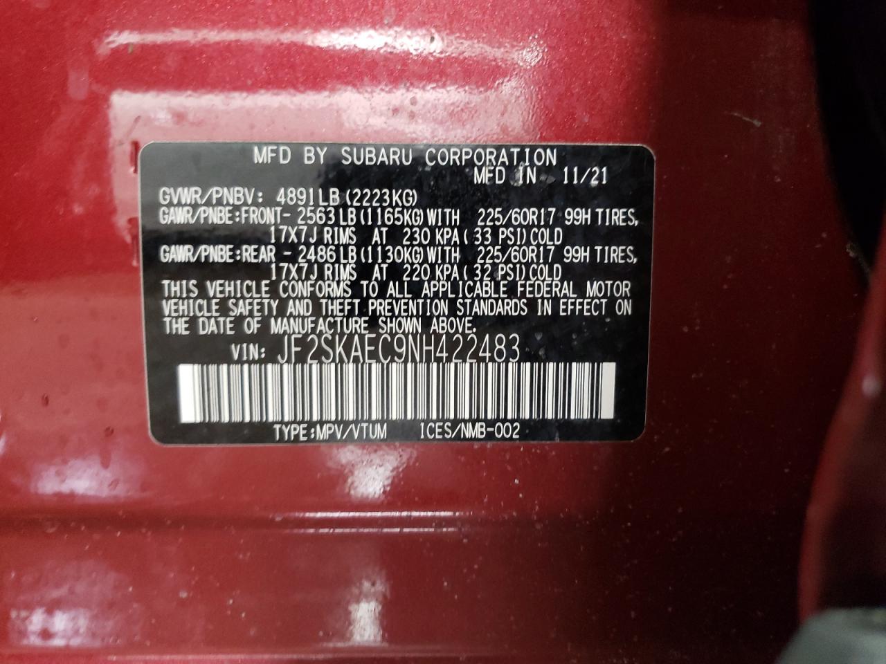 2022 SUBARU FORESTER PREMIUM VIN:JF2SKAEC9NH422483