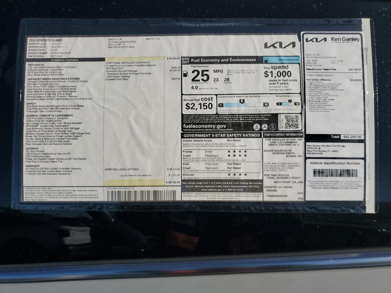 2024 KIA SORENTO S VIN:5XYRLDJC5RG287678