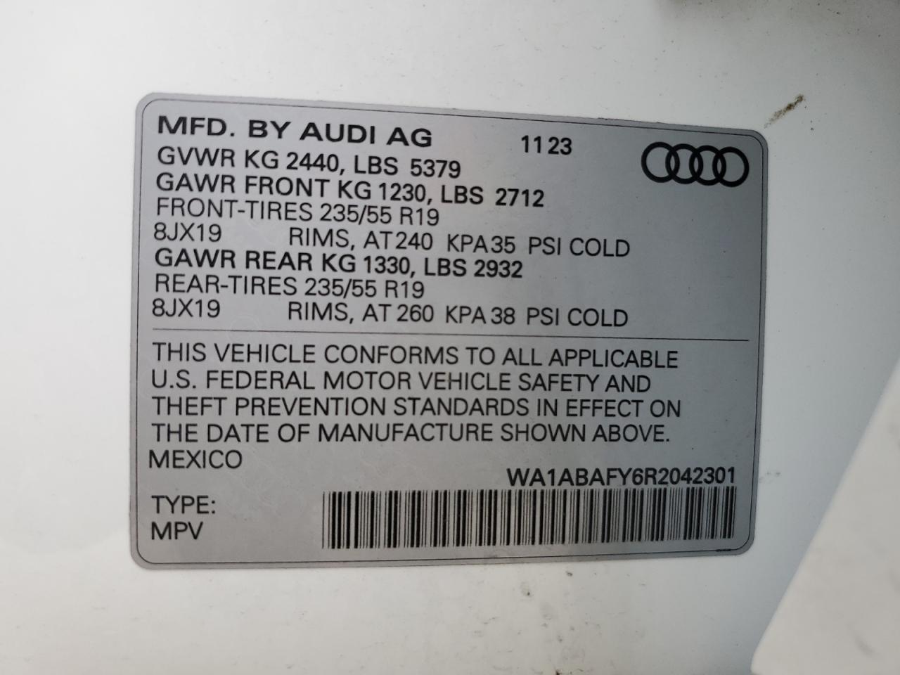 2024 AUDI Q5 PREMIUM 40 VIN:WA1ABAFY6R2042301