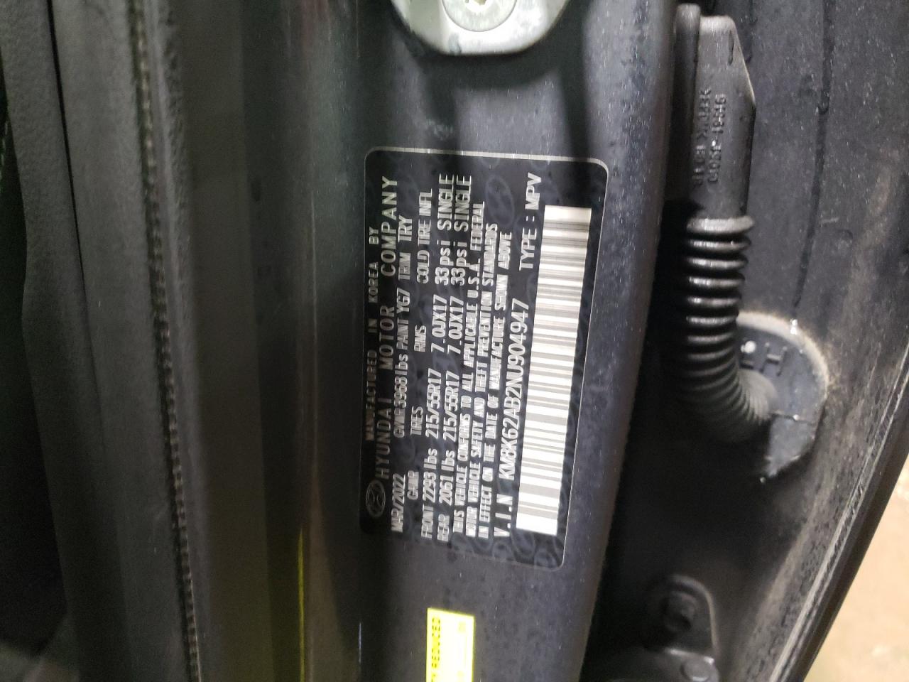 2022 HYUNDAI KONA SEL VIN:KM8K62AB2NU904947