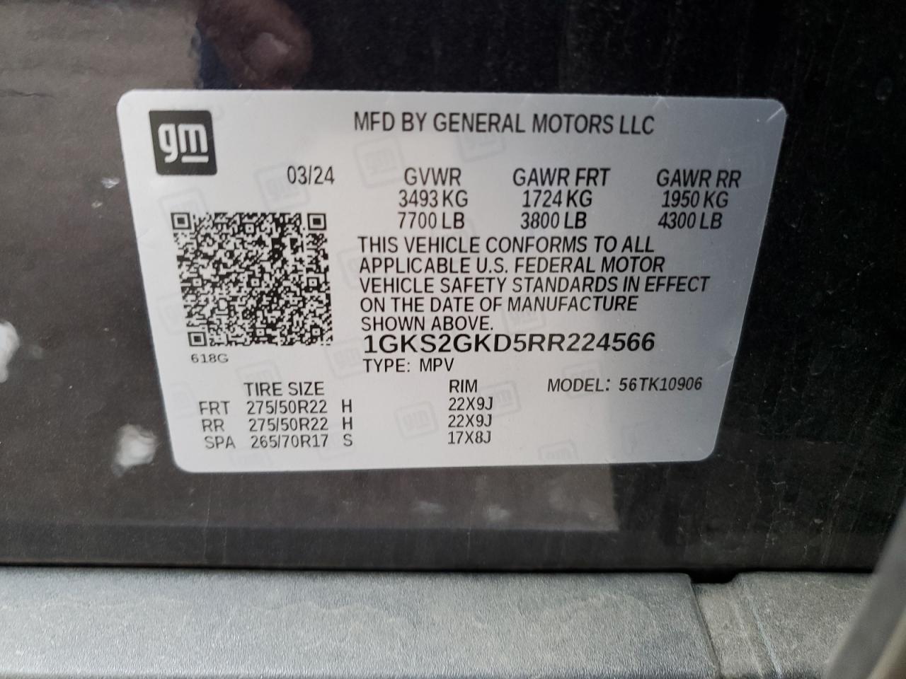 2024 GMC YUKON XL K1500 SLT VIN:1GKS2GKD5RR224566
