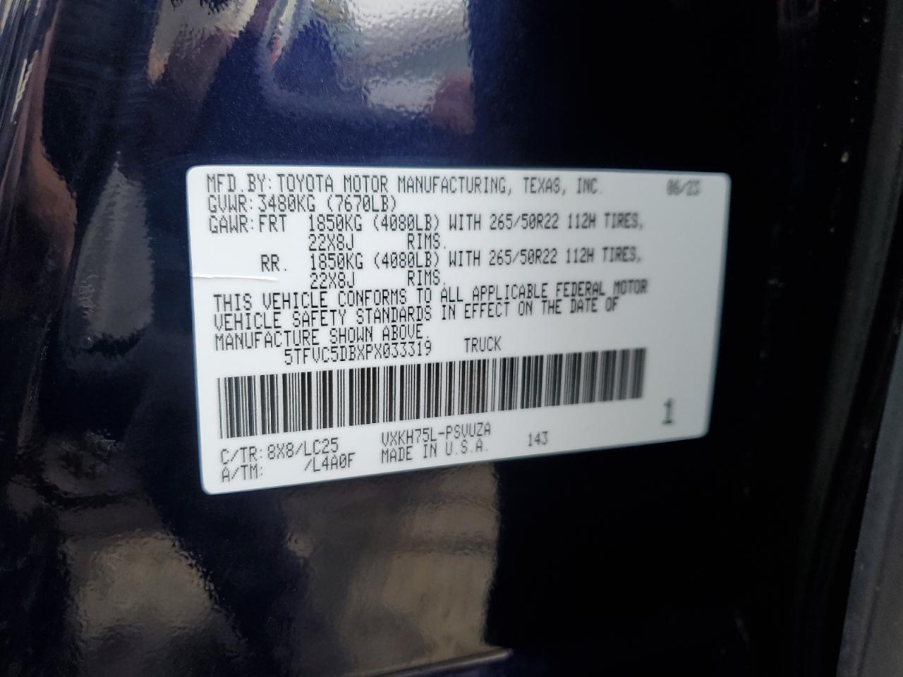 2023 TOYOTA TUNDRA CREWMAX CAPSTONE VIN:5TFVC5DBXPX033319