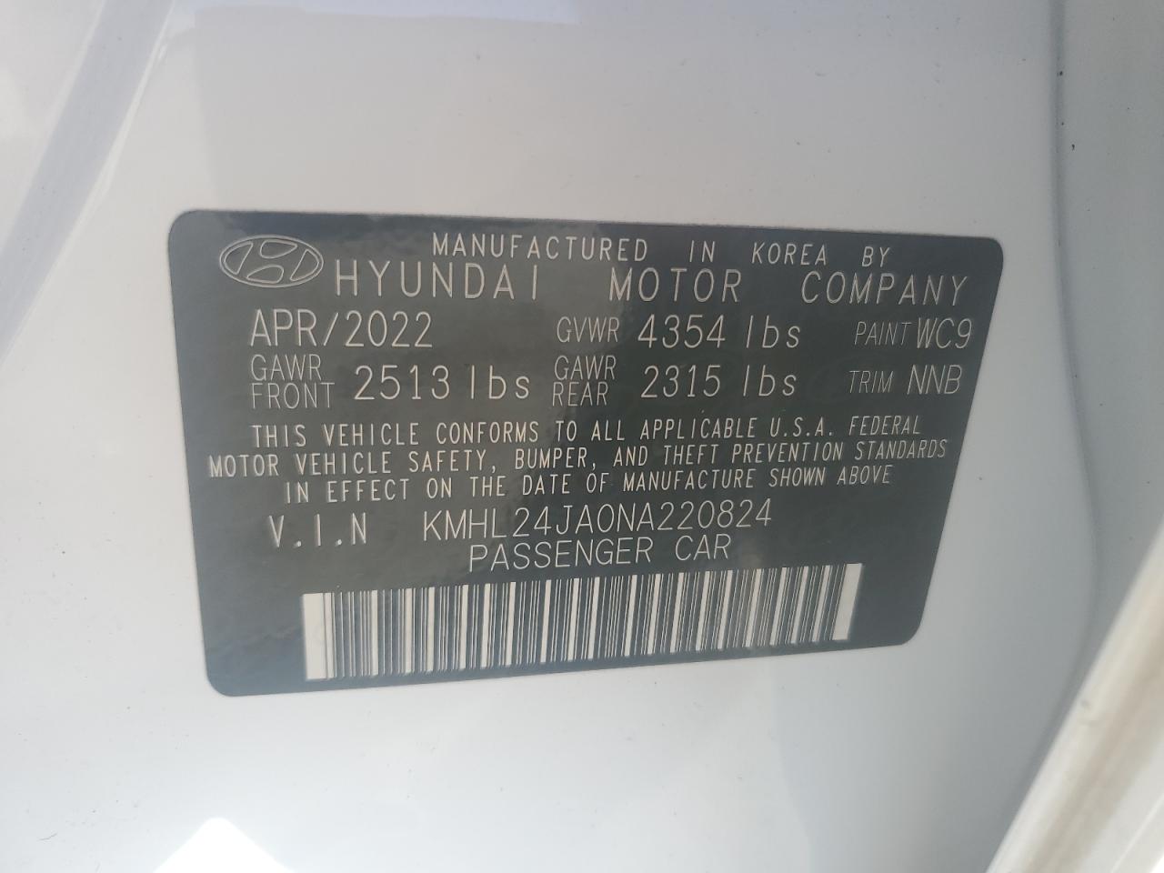 2022 HYUNDAI SONATA SE VIN:KMHL24JA0NA220824