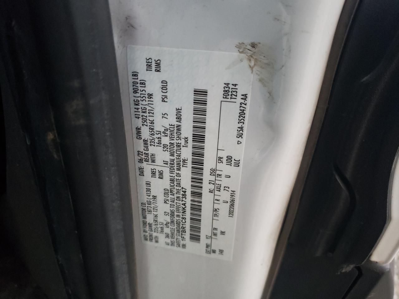 2022 FORD TRANSIT T-250 VIN:1FTBR1C81NKA73847