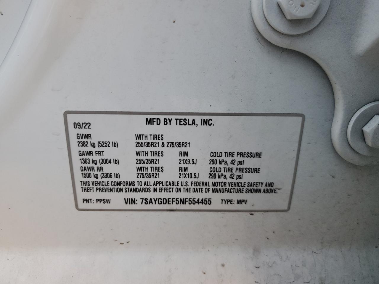 2022 TESLA MODEL Y  VIN:7SAYGDEF5NF554455