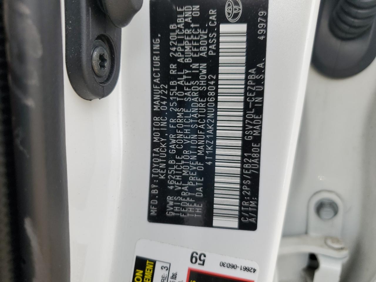 2022 TOYOTA CAMRY TRD VIN:4T1KZ1AK2NU068042