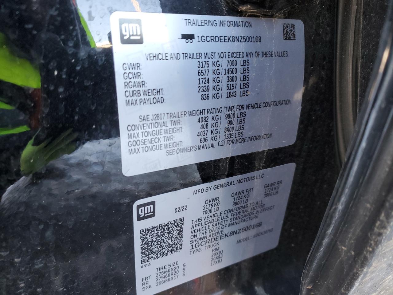 2022 CHEVROLET SILVERADO K1500 RST VIN:1GCRDEEK8NZ500168