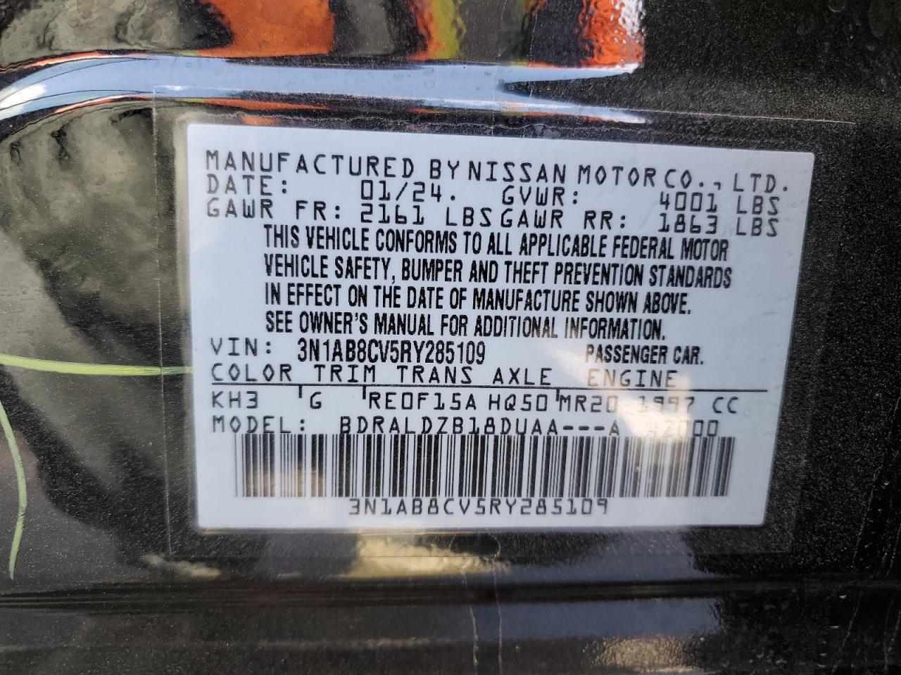 2024 NISSAN SENTRA SV VIN:3N1AB8CV5RY285109