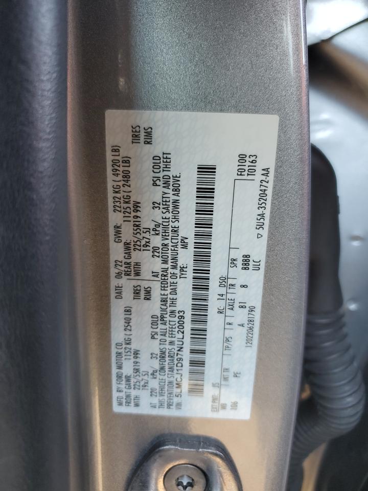 2022 LINCOLN CORSAIR  VIN:5LMCJ1D97NUL20093