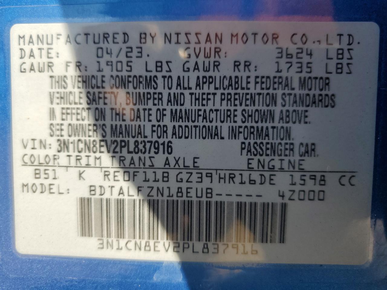 2023 NISSAN VERSA SV VIN:3N1CN8EV2PL837916