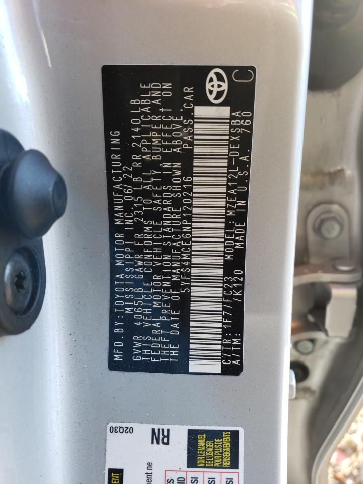 2022 TOYOTA COROLLA SE VIN:5YFS4MCE6NP120216