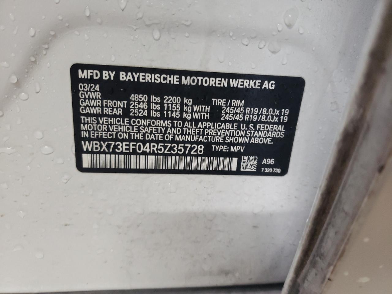 2024 BMW X1 XDRIVE28I VIN:WBX73EF04R5Z35728