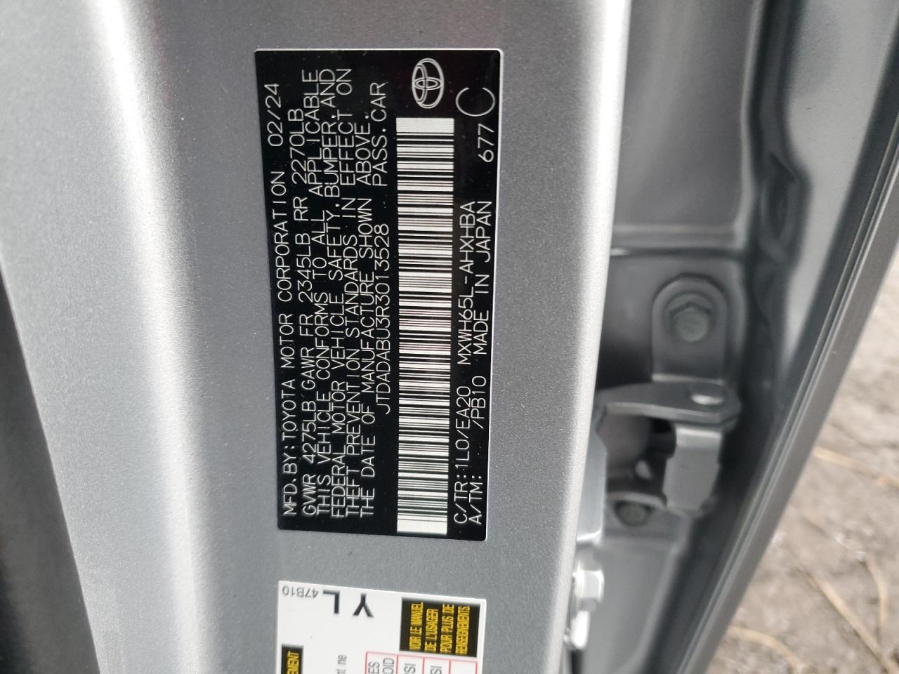 2024 TOYOTA PRIUS LE VIN:JTDADABU3R3013528