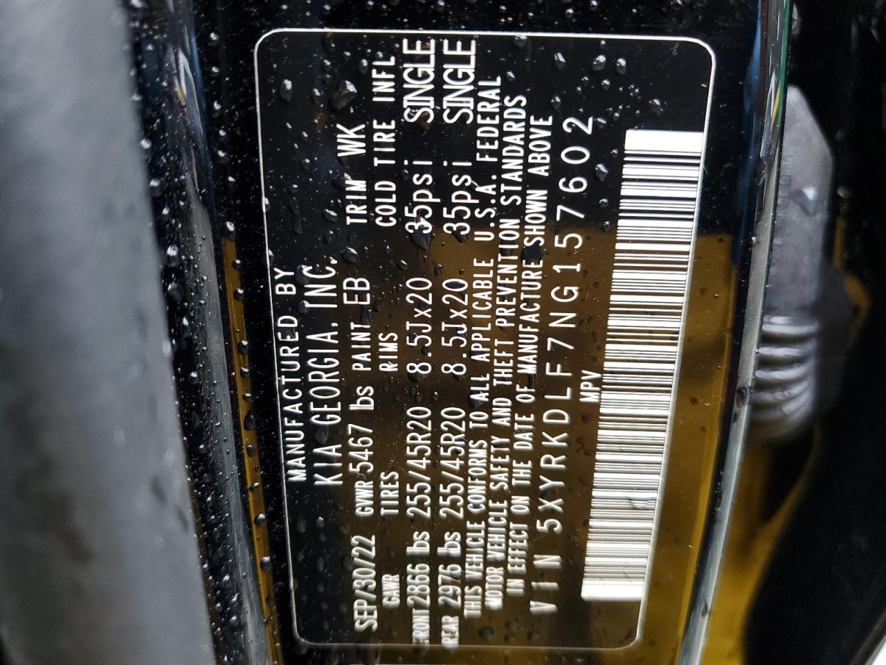 2022 KIA SORENTO SX VIN:5XYRKDLF7NG157602