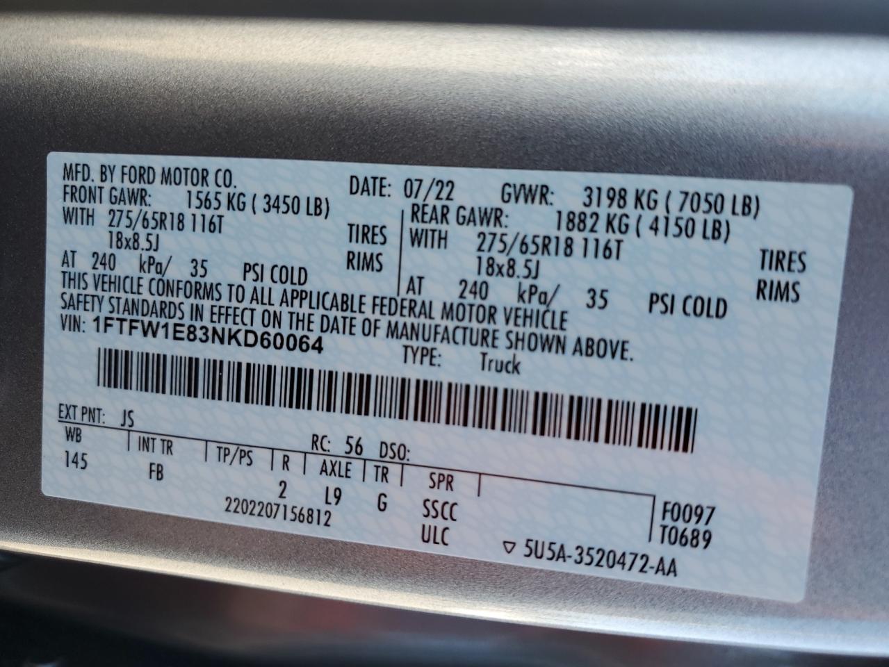 2022 FORD F150 SUPERCREW VIN:1FTFW1E83NKD60064