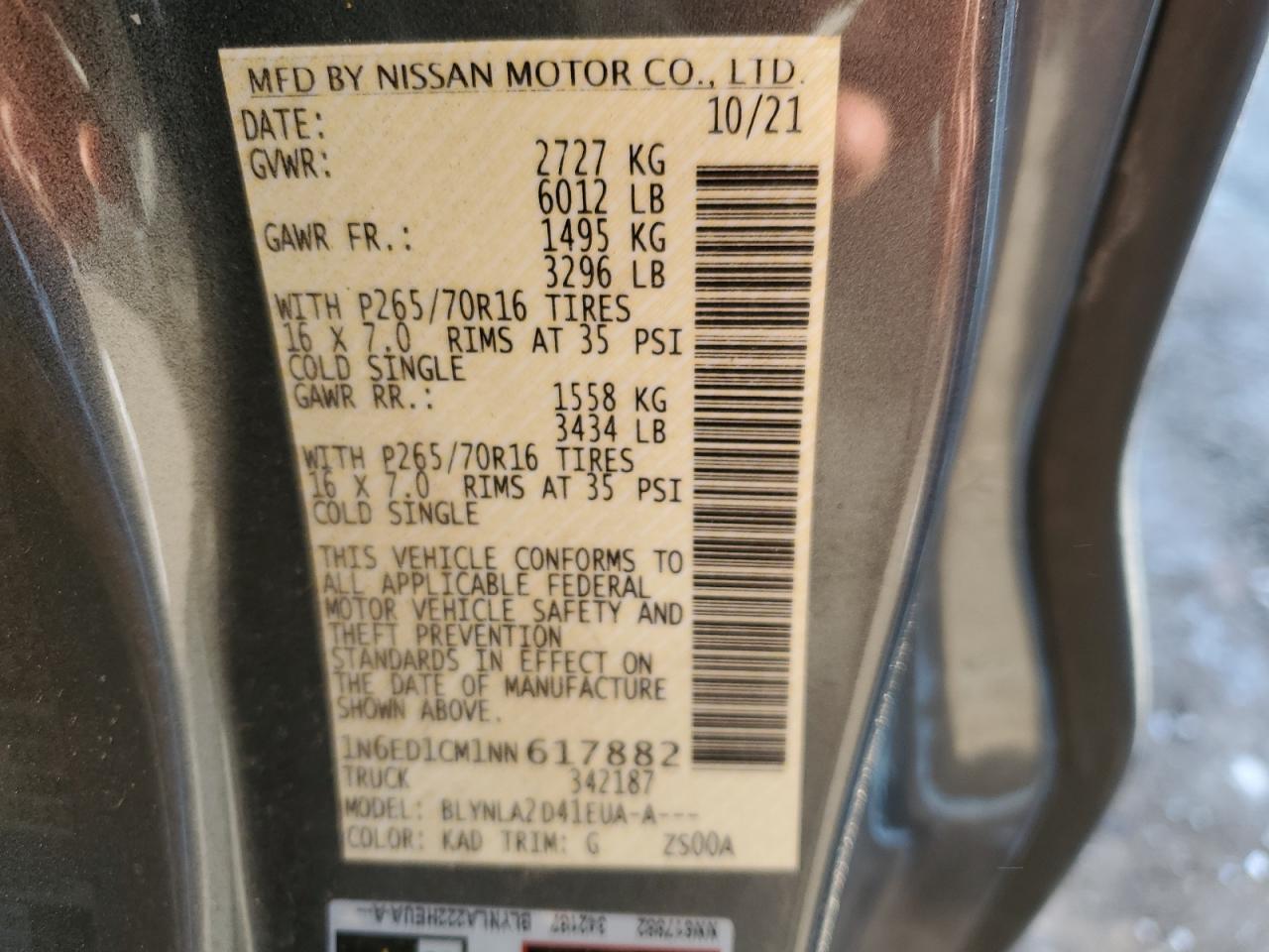 2022 NISSAN FRONTIER S VIN:1N6ED1CM1NN617882